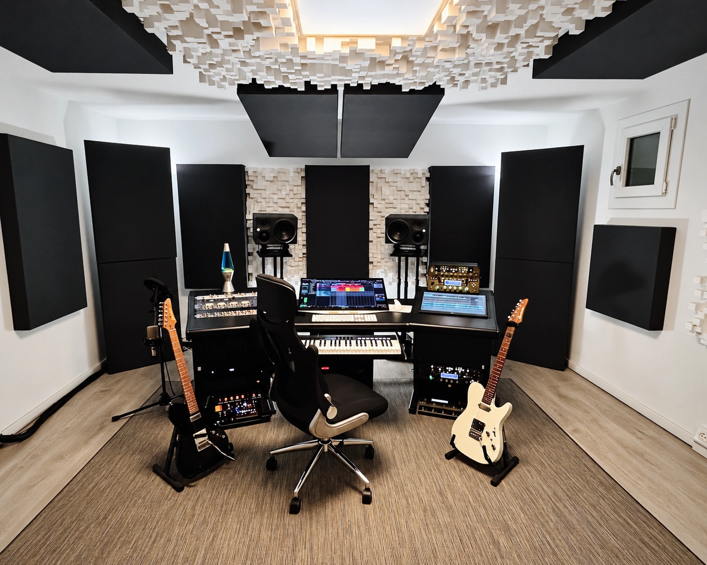 Skyline Studio control room beneath the sculptural skyline ceiling diffusers