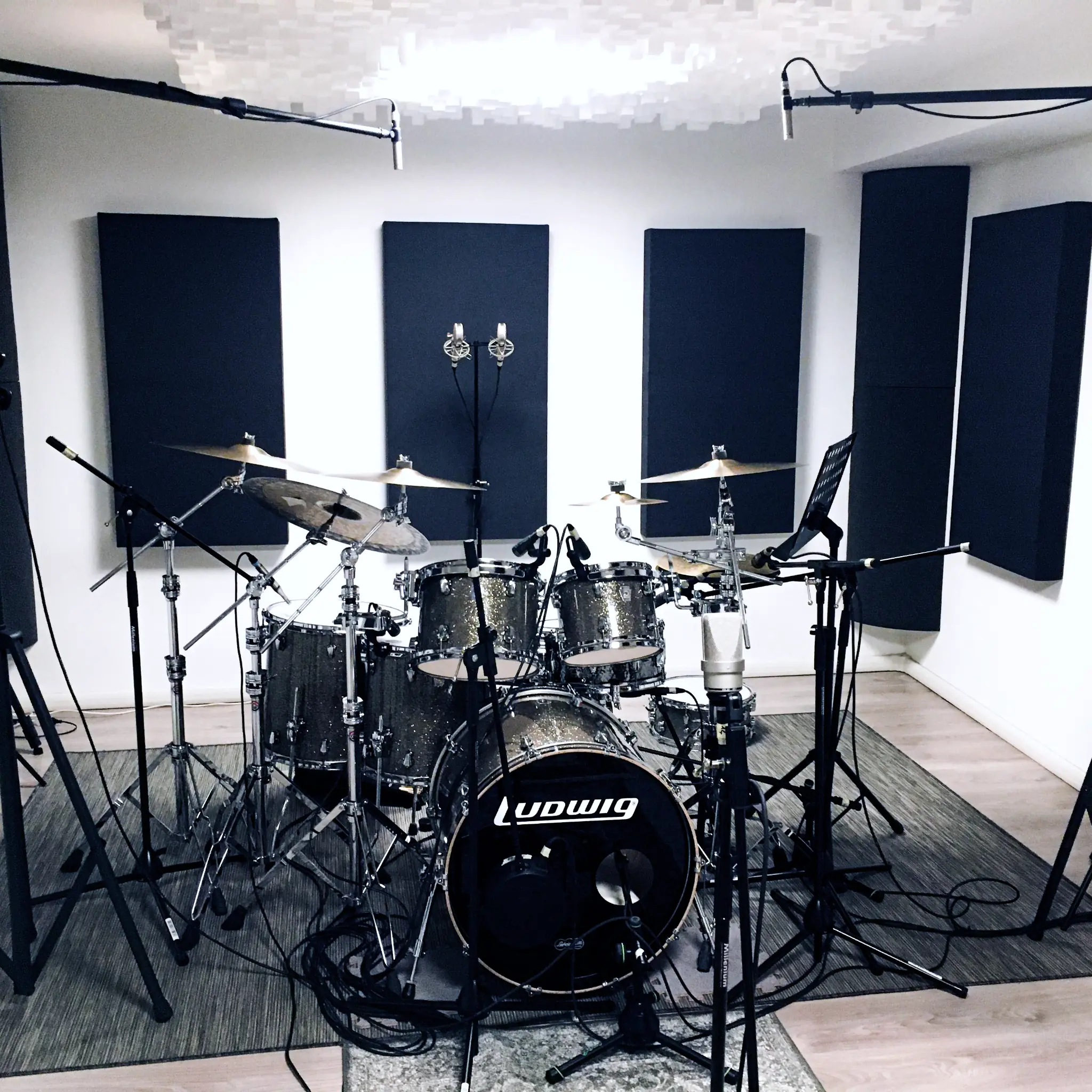 A Ludwig kit ready for recording beneath skyline ceiling diffusers