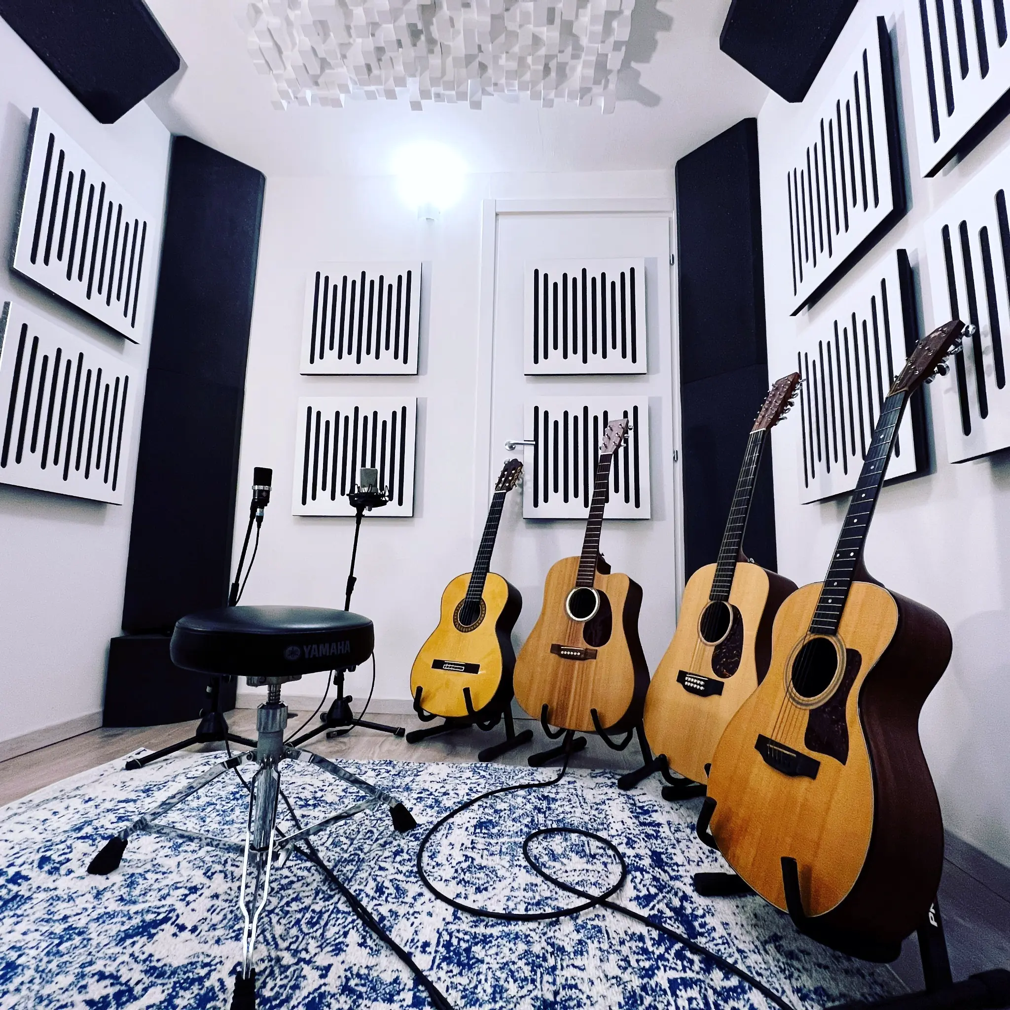 Acoustic guitars and microphones surrounded by the live room’s acoustic treatment