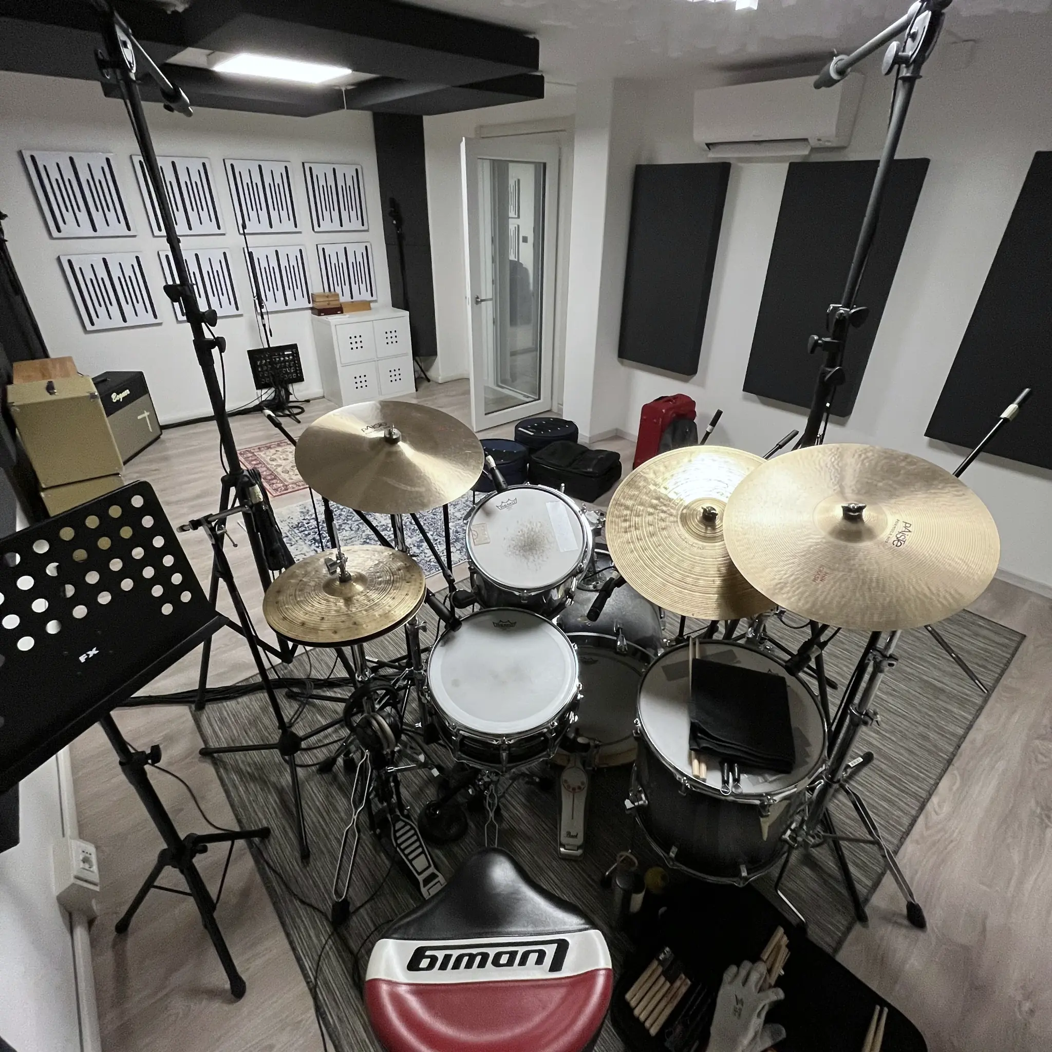 A multi-microphone drum recording setup in the Skyline Studio live room